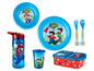 Super Mario Lunchset mit Bechern, Teller, Besteck und Trinkflasche.