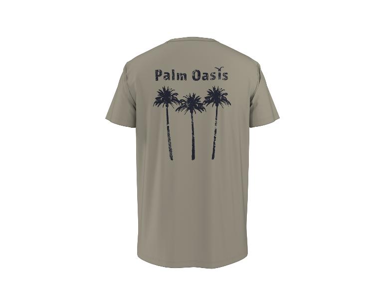 Khaki-T-Shirt mit „Palm Oasis“-Schriftzug und drei Palmen auf dem Rücken.