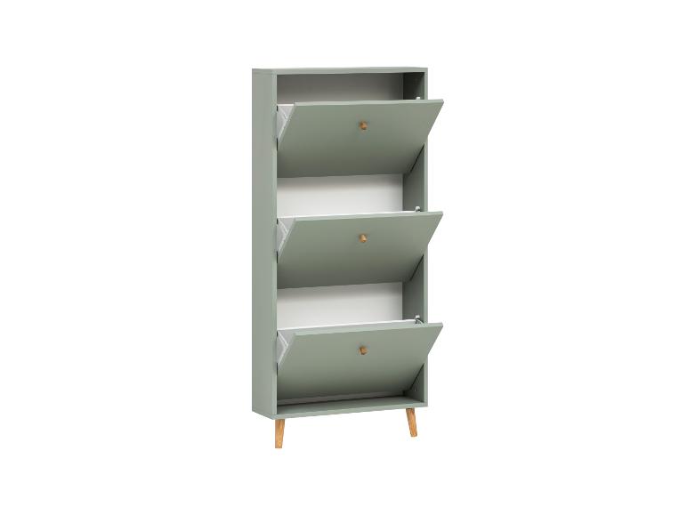 Minzgrüner Schuhschrank mit drei kippbaren Schubladen und Holzbeinen.