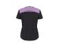 Damen Kurzarm-Sportoberteil in Schwarz mit lila Oberteil und reflektierendem Streifen.