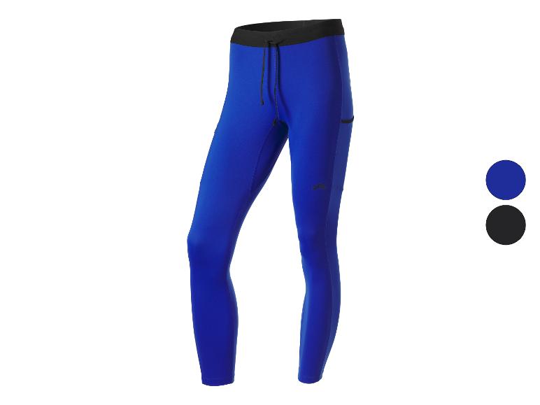 Blaue Sportleggings für Herren mit schwarzem Bund und Kordelzug, mit Seitentasche.