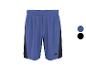 Blaue Sportshorts mit schwarzen Seitenpaneelen und elastischem Bund.