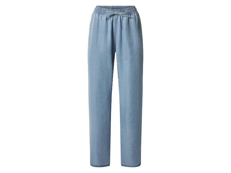 Hellblaue Damen-Hose mit weitem Bein, elastischem Bund und Kordelzug.