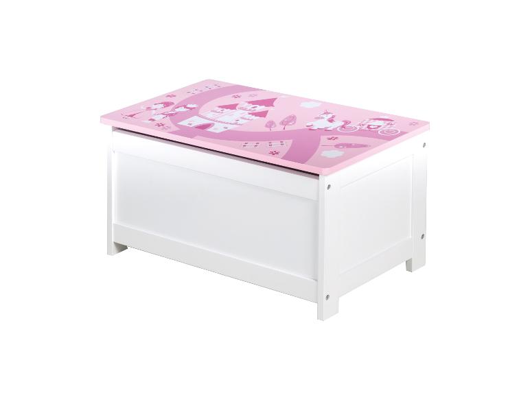 Weiße Spielzeugkiste mit rosa Prinzessinnen- und Einhorn-Motivdeckel