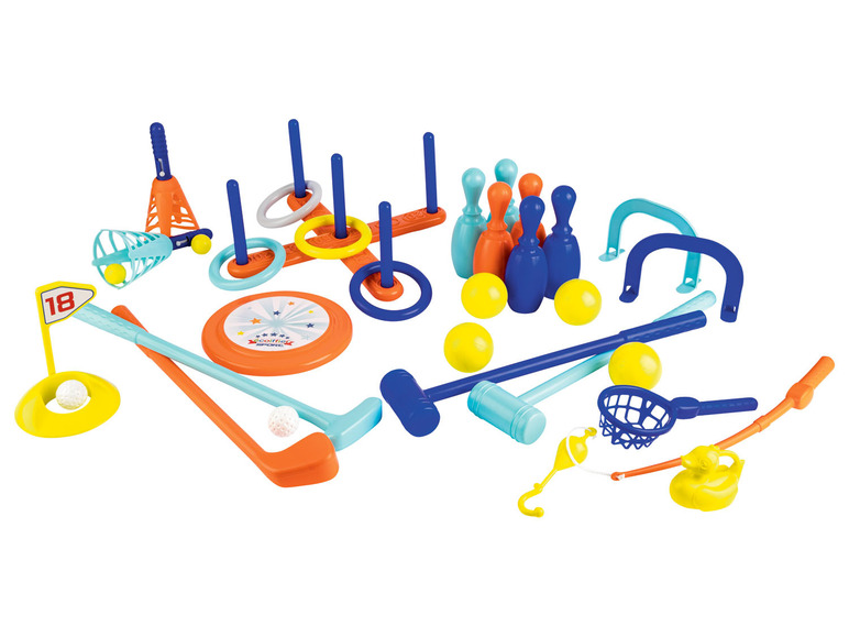 Ein Set mit Miniatursportarten, darunter Golf, Ringwerfen und Krocket.