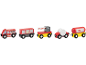 Holzspielzeug-Eisenbahnset mit Feuerwehrauto, Güterwagen, Schranke und Tankwagen.