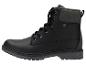 Schwarze Leder-Schnürstiefel mit dicker Sohle, auf weißem Hintergrund.