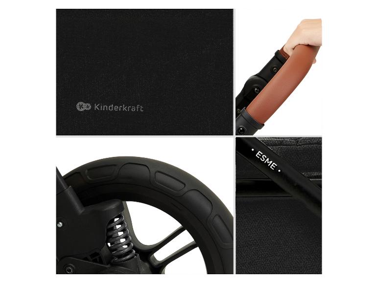 Kinderwagendetails: Griff, Rad und Textil.