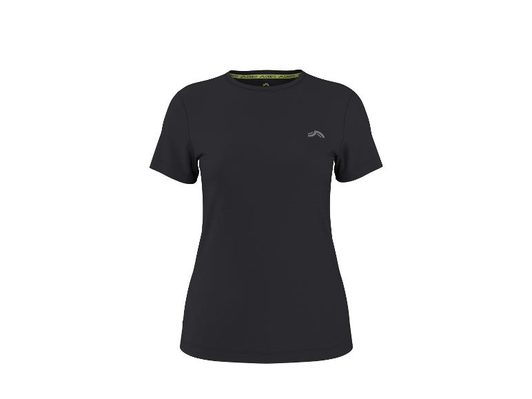 Schwarzes Damen-Sport-T-Shirt mit kurzen Ärmeln und dezentem Logo auf der Brust.