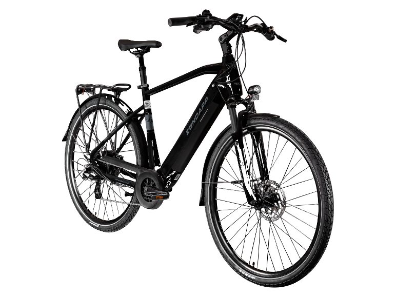 Ein schwarzes Zündapp E-Bike, Dreiviertelansicht.