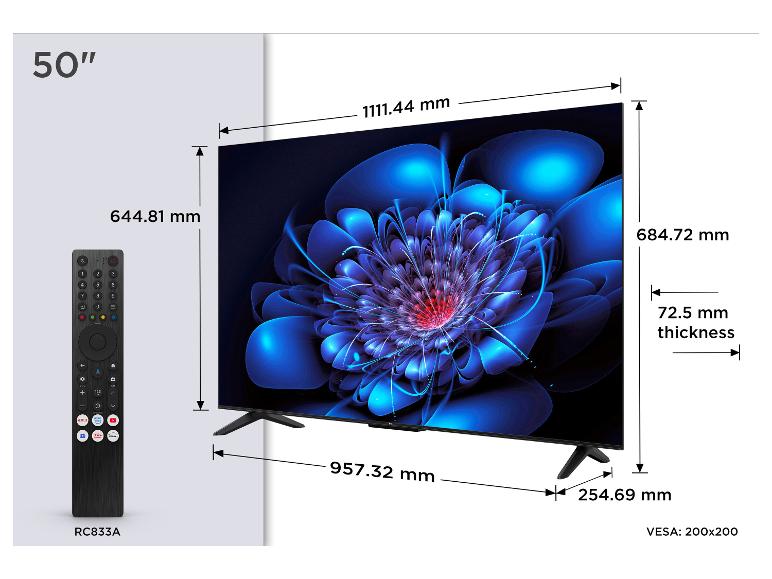 50-Zoll-Fernseher mit Fernbedienung und detaillierten Abmessungen.