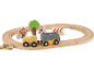 Holzspielzeug-Eisenbahnset mit Bauthema, inklusive Zug, Gleisen, Arbeiter, Baum und Schildern.