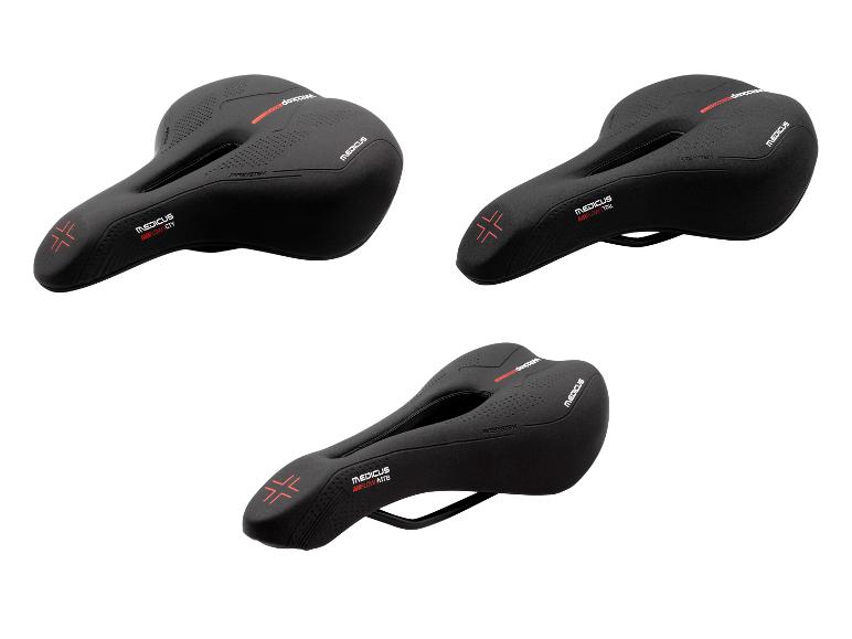 Drei schwarze Wittkop Medicus Fahrradsättel für CTY-, TRK- und MTB-Räder.