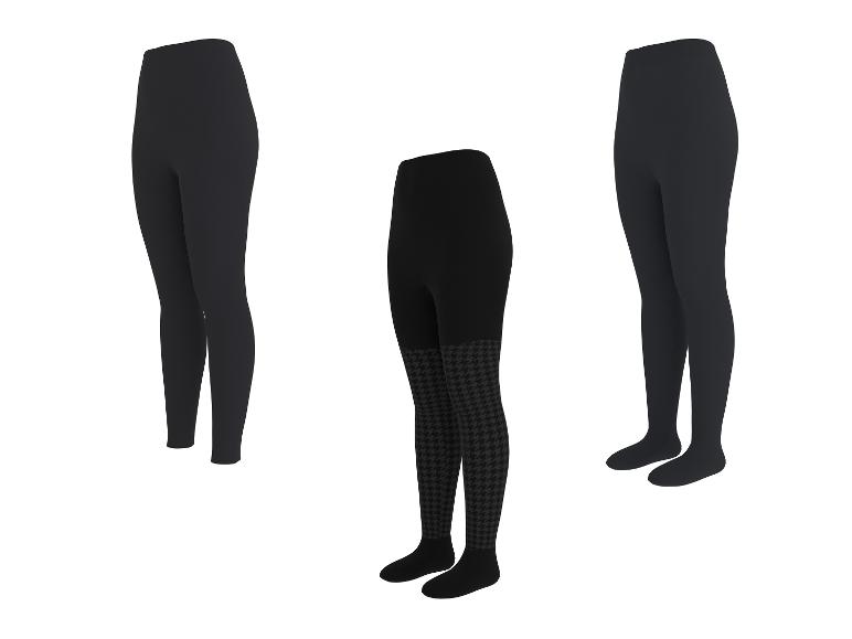 Drei Paar schwarze Strumpfhosen und Leggings, darunter eine mit Hahnentrittmuster.