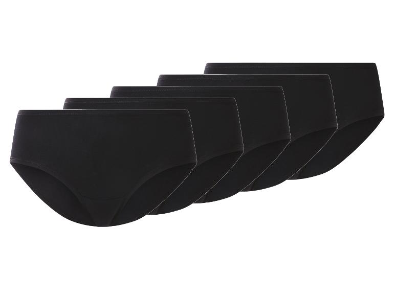 Set aus fünf schwarzen Damen-Hipster-Slips, in einer Reihe angeordnet.