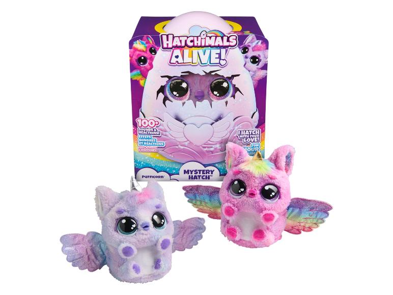 Hatchimals Alive Pufficorn Spielzeug mit Überraschungsei und zwei Plüschfiguren.