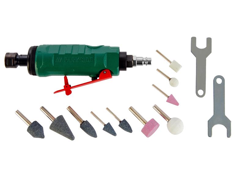 Eine Parkside Druckluft-Schleifmaschine mit verschiedenen Schleifköpfen und einem Schlüssel.