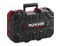 Schwarz-roter Parkside Performance Werkzeugkoffer mit Griff.