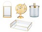 Eine goldene Erdkugel, ein Glasgefäß mit goldenem Deckel, eine rechteckige Glasbox und eine Glaslaterne mit goldenem Rahmen.