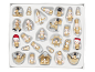 Set aus hölzernen Weihnachtsbaumschmuck, darunter Engel, Nussknacker und Schaukelpferde, in Gold und Silber.