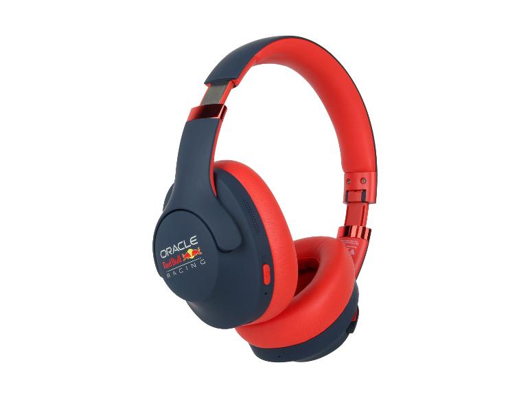 Rot-blaue Over-Ear-Kopfhörer mit „Oracle Red Bull Racing“-Logo.
