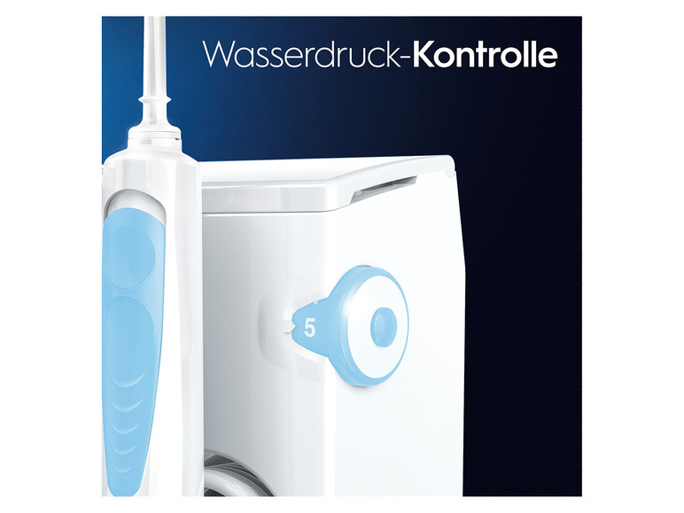 Wasserstrahl-Munddusche mit Druckkontrolle und verschiedenen Aufsätzen.