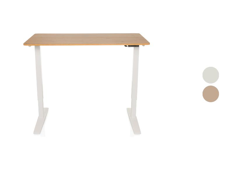 Verstellbarer Schreibtisch mit Holzplatte und weißen Beinen, mit Farboptionen