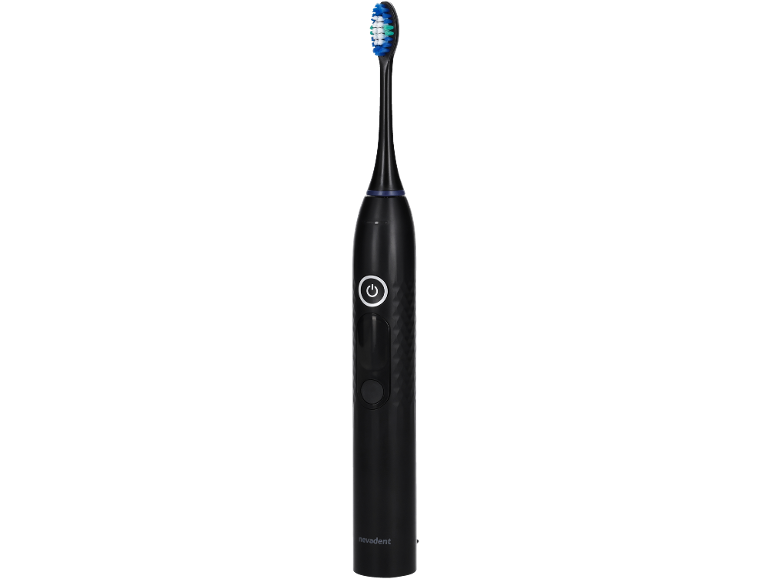 Schwarze elektrische Zahnbürste mit blau-weißem Bürstenkopf