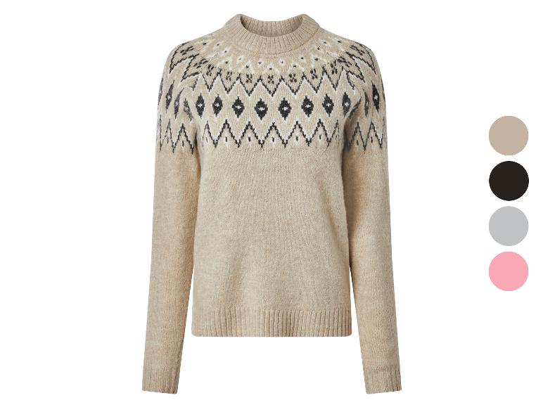 Beiger Strickpullover mit Fair Isle-Muster, mit Farbpalette daneben.