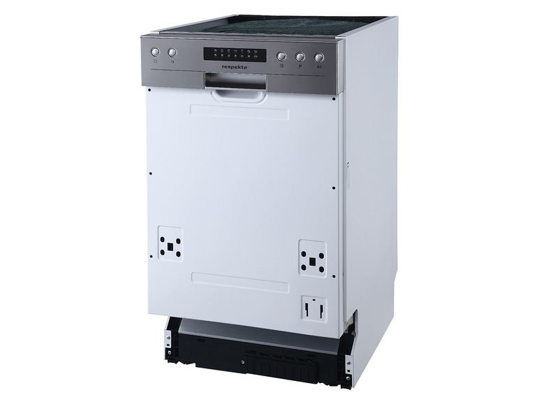 Ein weißer Respekta Geschirrspüler mit silbernem Bedienfeld.