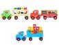 Drei Holzspielzeug-Lastwagen, darunter ein Peppa Pig-Thema, mit Formsortier- und Stapelfunktionen.