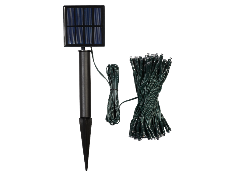 Solar-Lichterkette mit Solarpanel und Erdspieß.