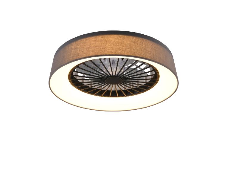 Schwarzer Deckenventilator mit LED-Beleuchtung und Stoffschirm