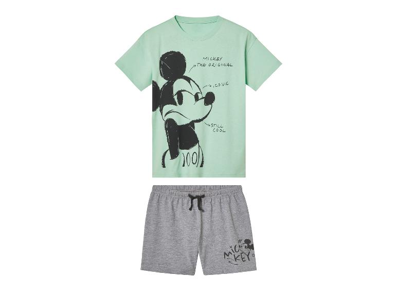 Mickey Mouse T-Shirt und Shorts Set: hellgrünes T-Shirt, graue Shorts.