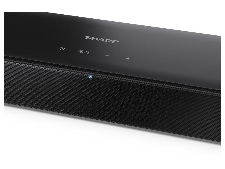 Schwarze Soundbar mit beleuchteten Bedienelementen für Strom, Eingang, Lautstärke und perforiertem Lautsprechergitter.