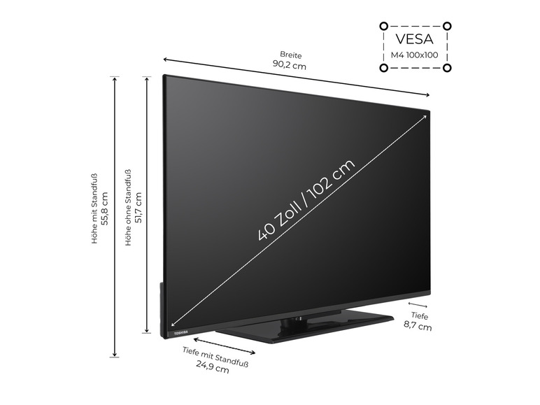 Ein Toshiba Fernseher mit einem 40 Zoll Bildschirm und VESA Befestigungspunkten.