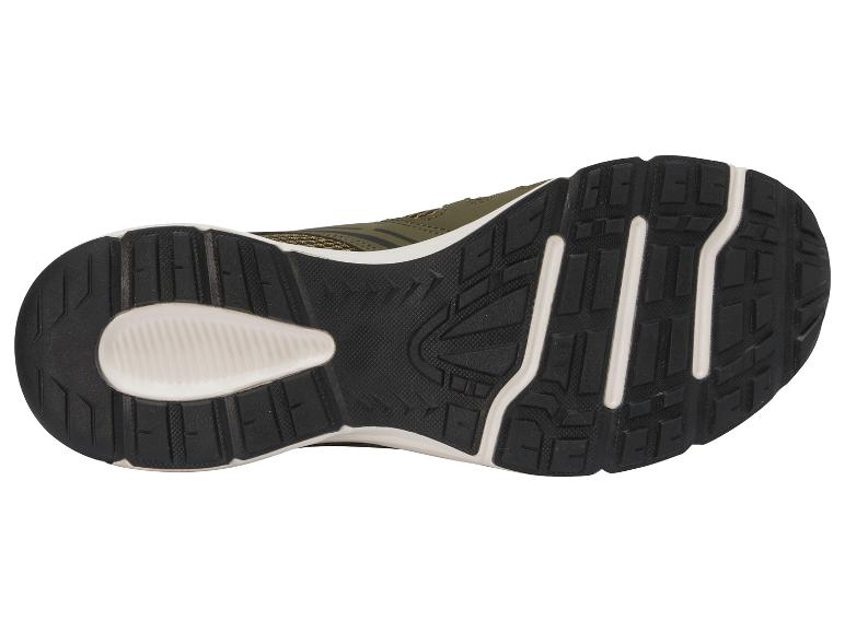 Sohle eines grünen Sportschuhs mit schwarzem Profil und weißen Akzenten.