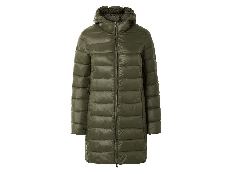 Olivgrüner langer Damen-Steppmantel auf weißem Hintergrund