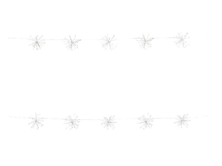 Zwei Reihen Lichterketten im Sternenburst-Design mit vielen kleinen LED-Birnen auf weißem Hintergrund.