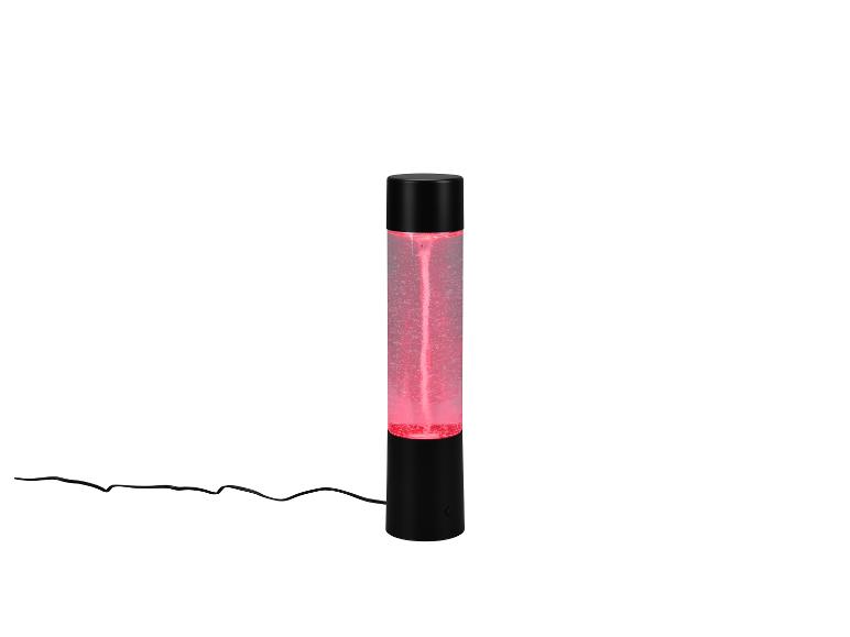 Schwarze Tornado-Lampe mit rosa Flüssigkeit und Blasen, an ein Stromkabel angeschlossen