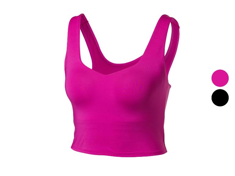 Fuchsiafarbenes Sport-Crop-Top mit breiten Trägern, erhältlich in Fuchsia und Schwarz.
