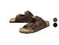 Paar braune Doppelriemen-Sandalen mit Korksohlen, gezeigt mit Farbmustern.