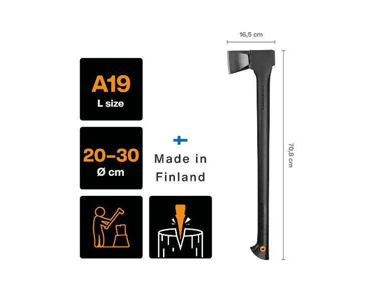 Spaltaxt mit 70,8 cm Länge, 16,5 cm Kopf, für Holzscheite von 20-30 cm Durchmesser, hergestellt in Finnland.