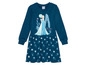 Ein dunkelblaues Kleid mit langen Ärmeln, bedruckt mit Elsa aus Frozen und Schneeflocken.