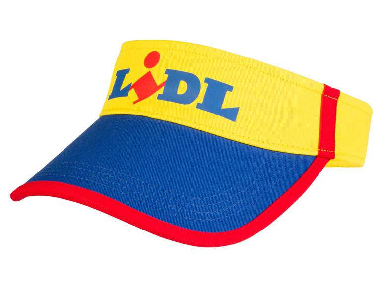 Eine gelbe Baseballkappe mit blauem Schirm und rotem Rand, mit dem Lidl-Logo.