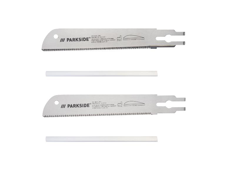 Zwei Sägeblätter mit 170 mm Länge und zwei weiße Kunststoffleisten.