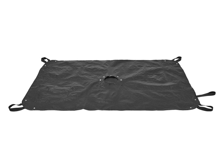 Eine schwarze Schutzplane für ein Trampolin mit Griffen.