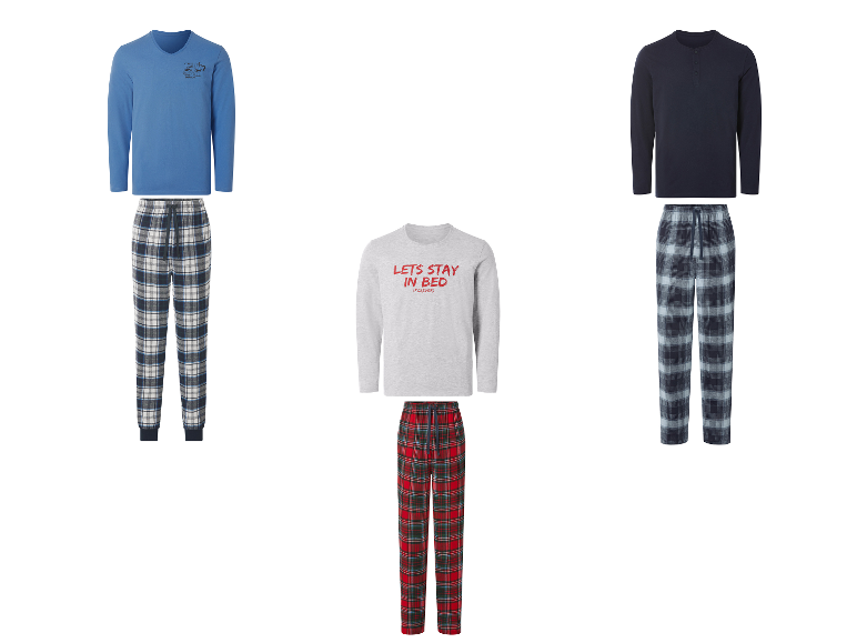 Drei Herren-Pyjama-Sets mit Langarmshirts und karierten Hosen.