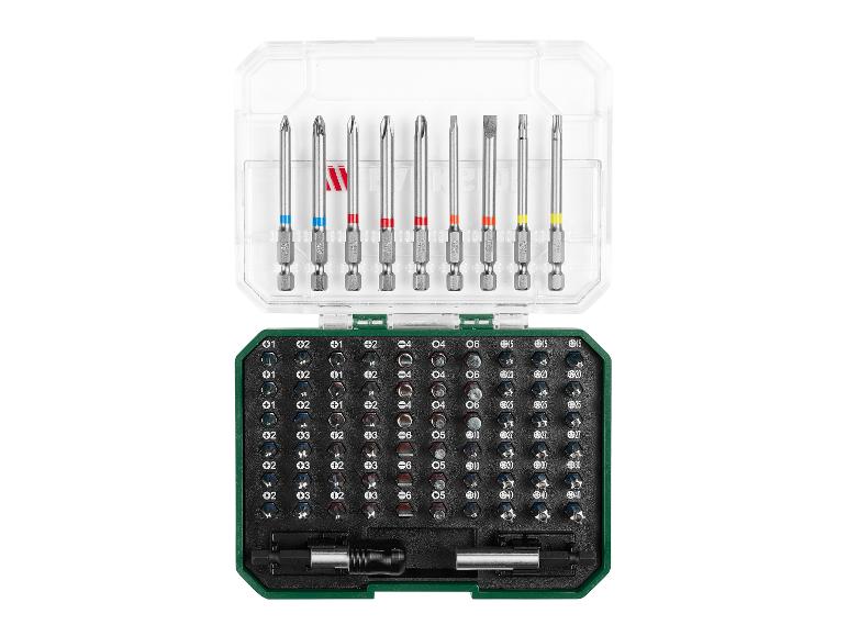Schraubendreher-Bit-Set mit transparenter Hülle und grünem Halter, inklusive langer und kurzer Bits.