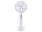 Weißer, wiederaufladbarer Handventilator mit Standfuß.